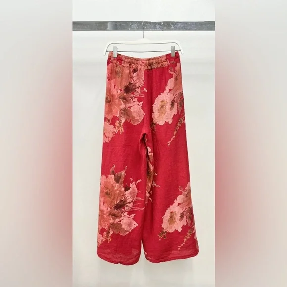 (12-03-MAGNOLIA-RED) MAGNOLIA FLOWERS PRINT LINEN WIDE LEG PANTS - Picture 2 of 6